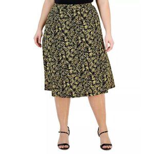 KASPER Plus Size Black and Yellow Leaf-Print Pull-On Midi Skirt NWT